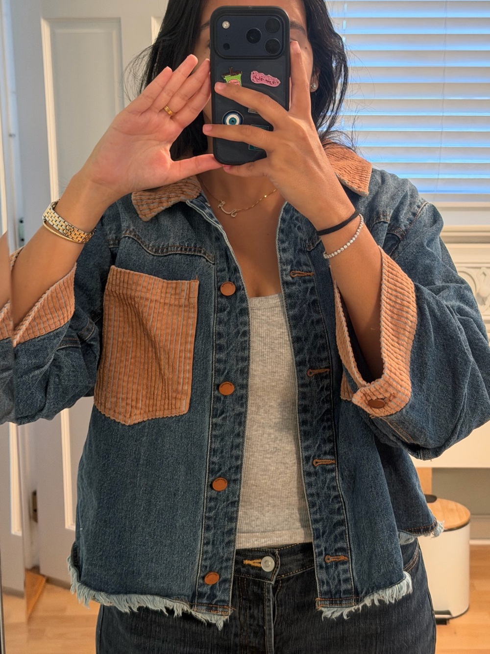 Democracy Blue Denim Jacket with Tan Corduroy Accents - Picture 3 of 6